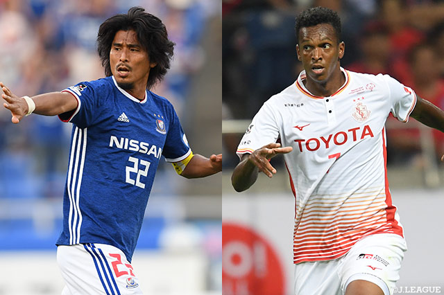 13位の横浜FMと18位の名古屋の一戦は、残留をかけたサバイバルマッチとなる。中澤 佑二（左）とジョー（右）のマッチアップにも注目だ