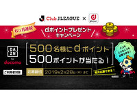 DAZN for docomoご利用者様対象!500名様にdポイント500ポイントが当たる!【Club J.LEAGUE】