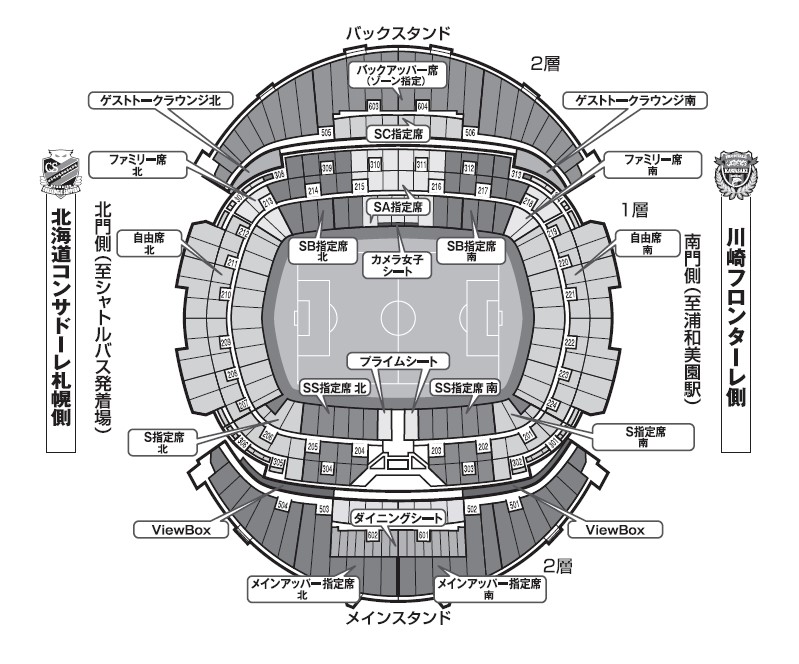 販売席種はメインアッパー指定席北側と自由席北側／南側です。