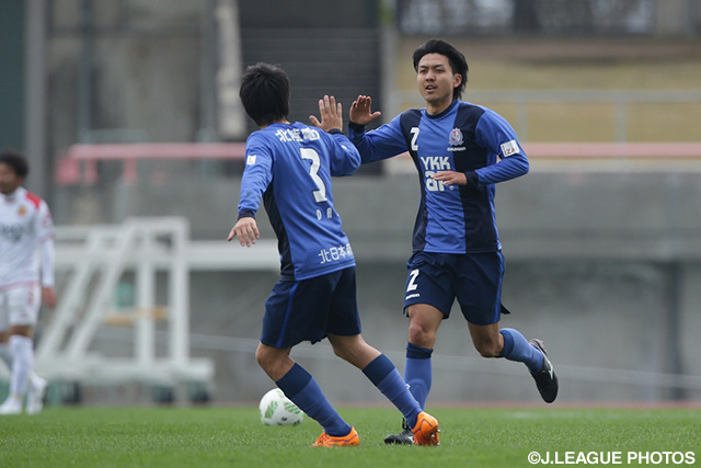 19分に右足で同点ゴールを決めた脇本 晃成（富山）【明治安田Ｊ３ 第2節 富山vs福島】