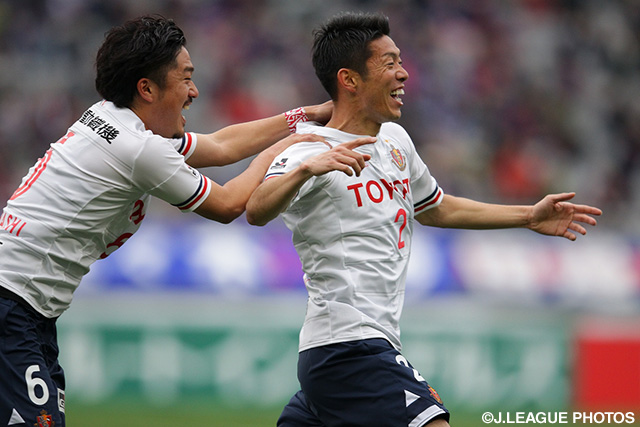 野田のシュートが足に当たり、ラッキーな先制ゴールを決めた竹内 彬（名古屋）【明治安田Ｊ１ 1st 第5節 FC東京vs名古屋】