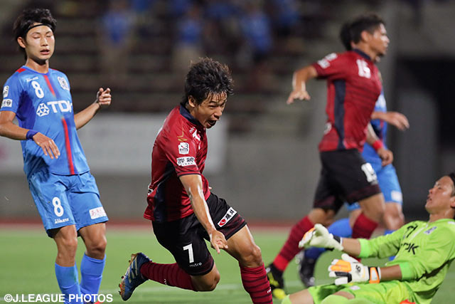 4試合ぶりの得点となる先制ヘッドを決めた田中 恵太（琉球）【明治安田Ｊ３ 第11節 琉球vs秋田】