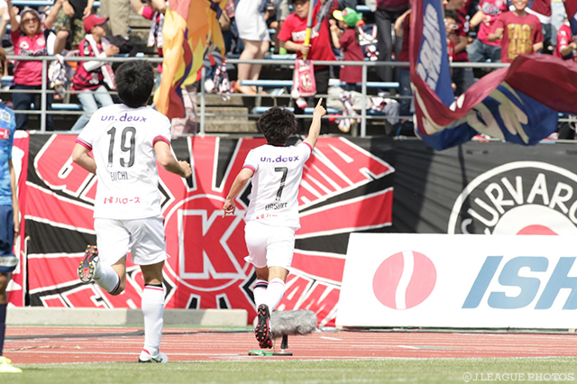 64分に先制ゴールを決めた伊藤 大介（岡山）【明治安田Ｊ２ 第8節 讃岐vs岡山】