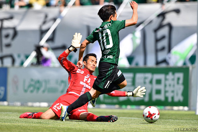 工藤 浩平（松本）が杉山 力裕（福岡）を抜き去ってシュートするもポスト直撃【明治安田Ｊ２ 第12節 松本vs福岡】