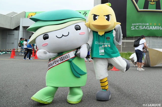 ガミティと緑区のミウルが一緒に記念撮影【明治安田Ｊ３ 第13節 相模原vs藤枝】