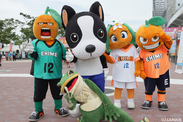 伊予柑太、キャッチーくん、たま媛ちゃん、オ～レくん、一平くんの豪華共演！【明治安田Ｊ２ 第34節 愛媛vs横浜FC】