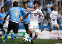 ヘディングで合わせて追加点を挙げた金沢の垣田 裕暉【明治安田J2 第7節 横浜FCvs金沢】