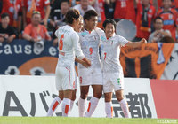 試合開始早々、有田 光希（#9）が右からのクロスを上手く頭で合わせ、愛媛が先制点を挙げた【明治安田Ｊ２ 第40節 京都vs愛媛】