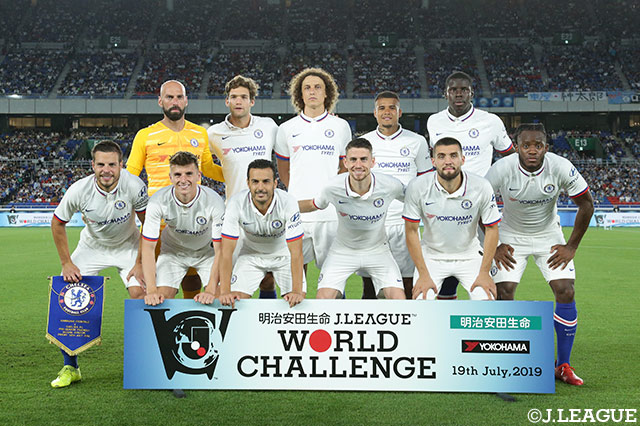 チェルシーのスターティングメンバー。スペイン代表のセサル アスピリクエタやイタリア代表のジョルジーニョらが名を連ねた【明治安田生命Ｊリーグワールドチャレンジ 川崎Ｆvsチェルシー】