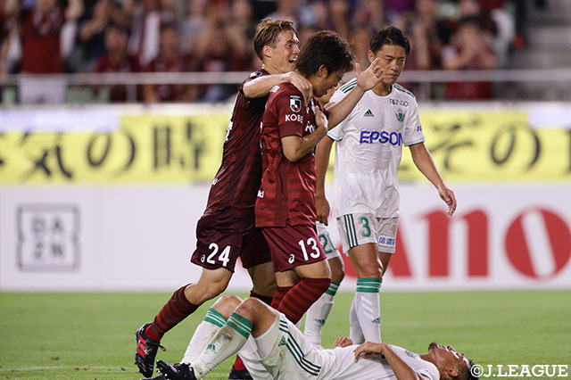 西からのクロスを小川　慶治朗（#13）が頭でゴールに流し込み、神戸がリードを広げる！【明治安田Ｊ１ 第26節 神戸vs松本】