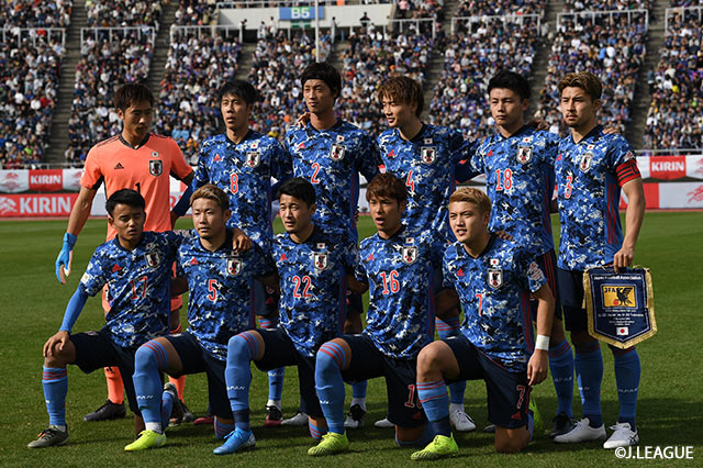 日本のスターティングメンバー。Ｊリーグからは広島の大迫 敬介（#1）、鹿島の上田 綺世（#18）ら5名が連ねた【国際親善試合 U-22日本vsU-22コロンビア】