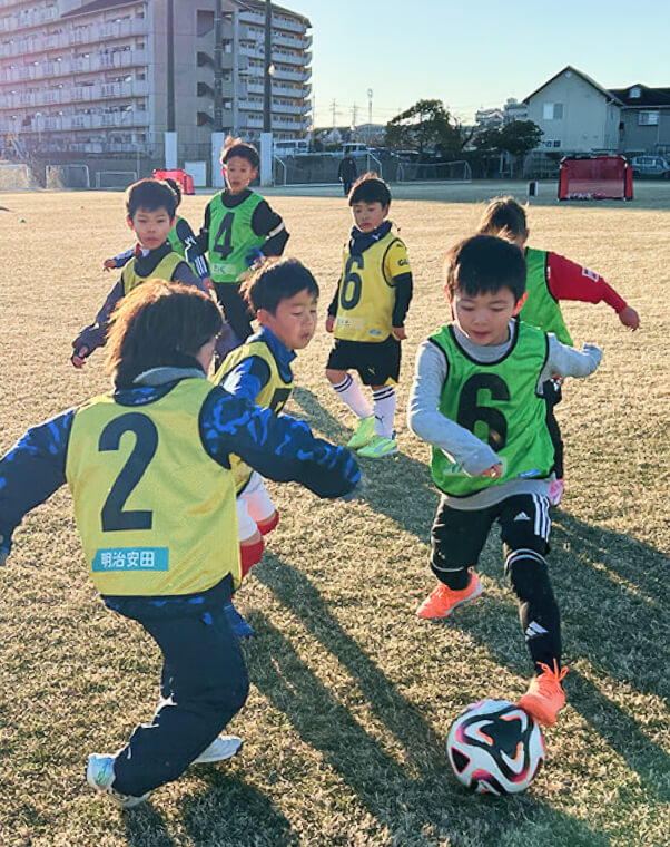 芝生の上でサッカーボールを追いかける子どもたち